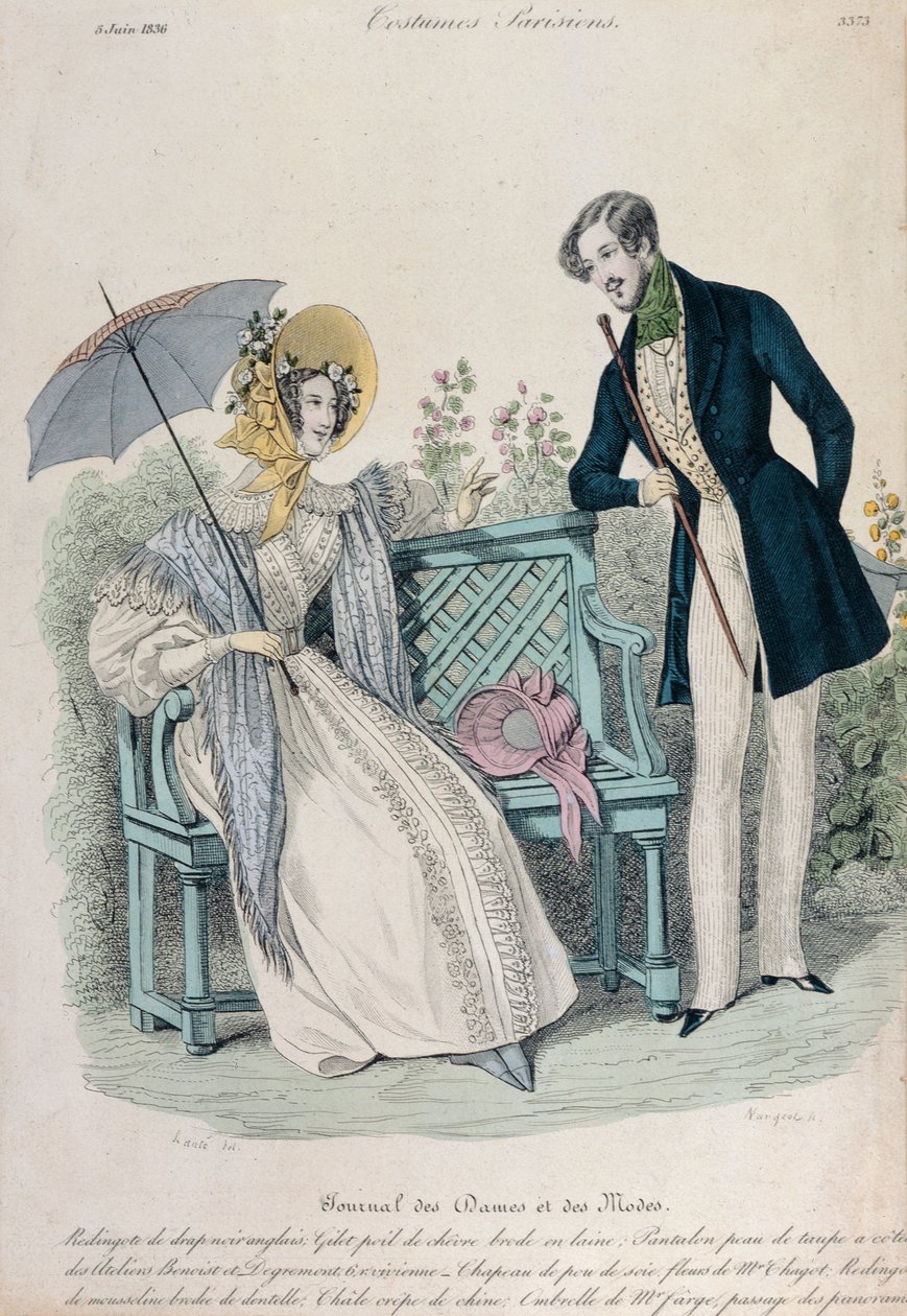 女人用伞和男人穿着连衣裙在花园里，时尚板从Journal des Dames et des Modes，1836年6月5日 作者 法语学校