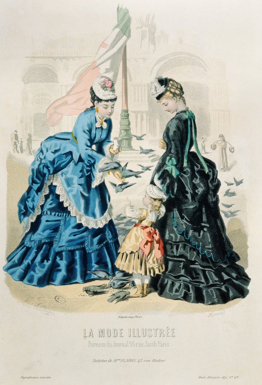 1872年LaModeIllustrée的妇女和喂养鸽子的孩子 作者 法语学校