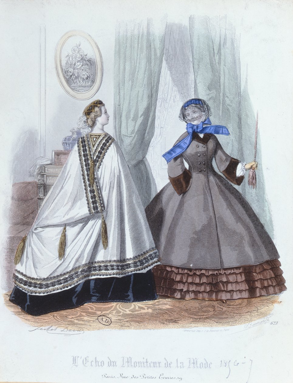 穿着斗篷和大衣的女性，来自Lecho du Moniteur de la Mode的时装板，1856-7 作者 法语学校