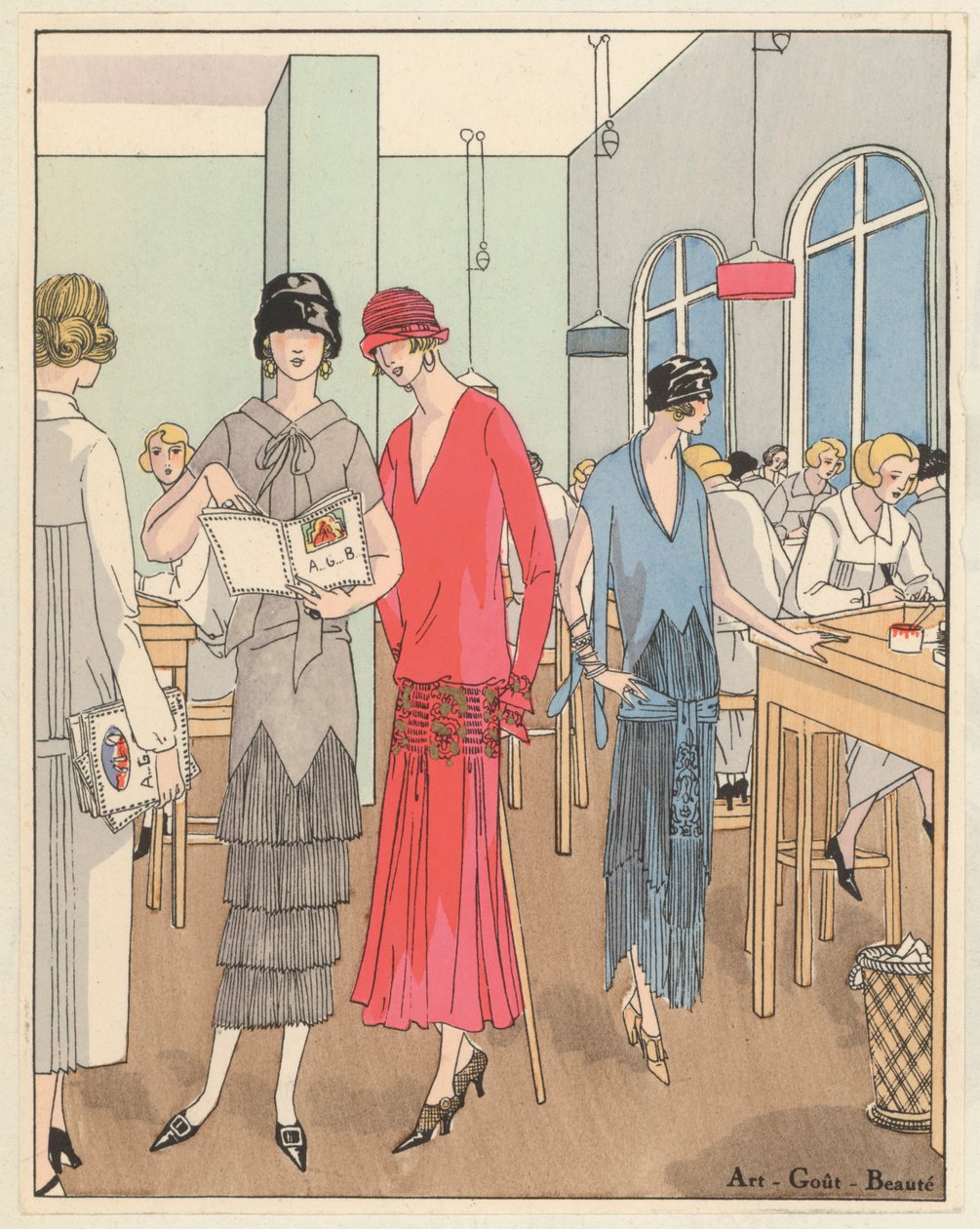 设计师让-帕图（Jean Patou）和乔治-多伊莱（Georges Doeuillet）设计的 20 世纪 20 年代女装（彩色石版画 作者 法语学校