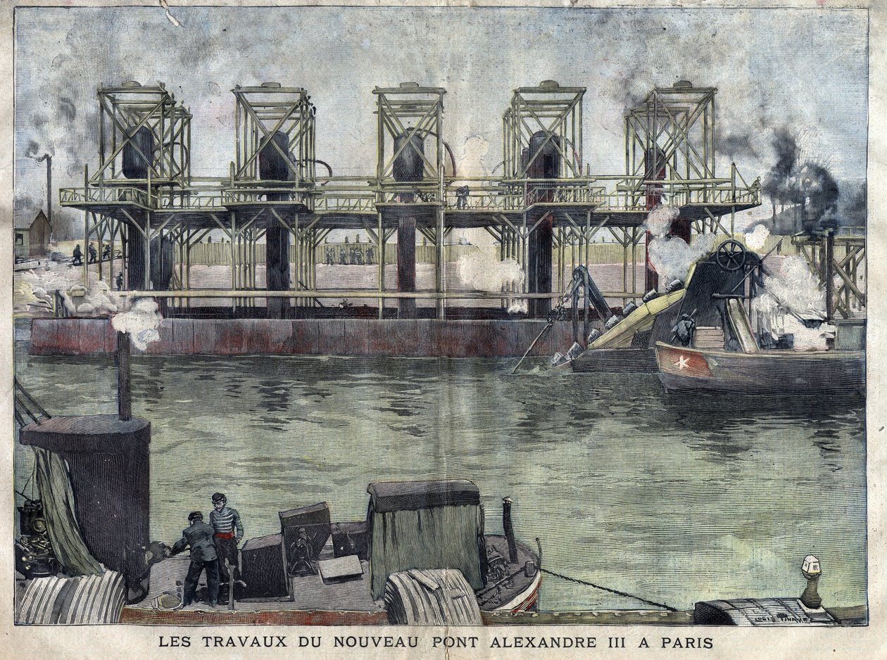 亚历山大三世桥在巴黎的作品。1898年4月在 "La petite Gironde "的雕刻。 作者 法语学校