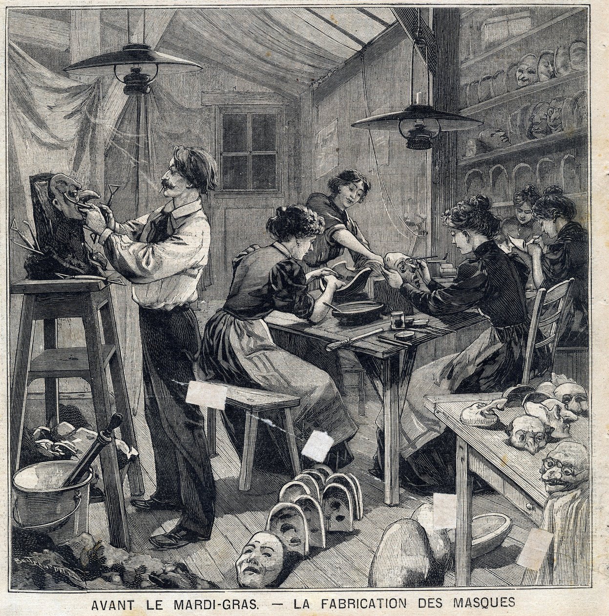 为狂欢节（Mardi-Gras）的伪装制造面具的车间。在1897年2月14日的 "小巴黎人 "中 作者 法语学校