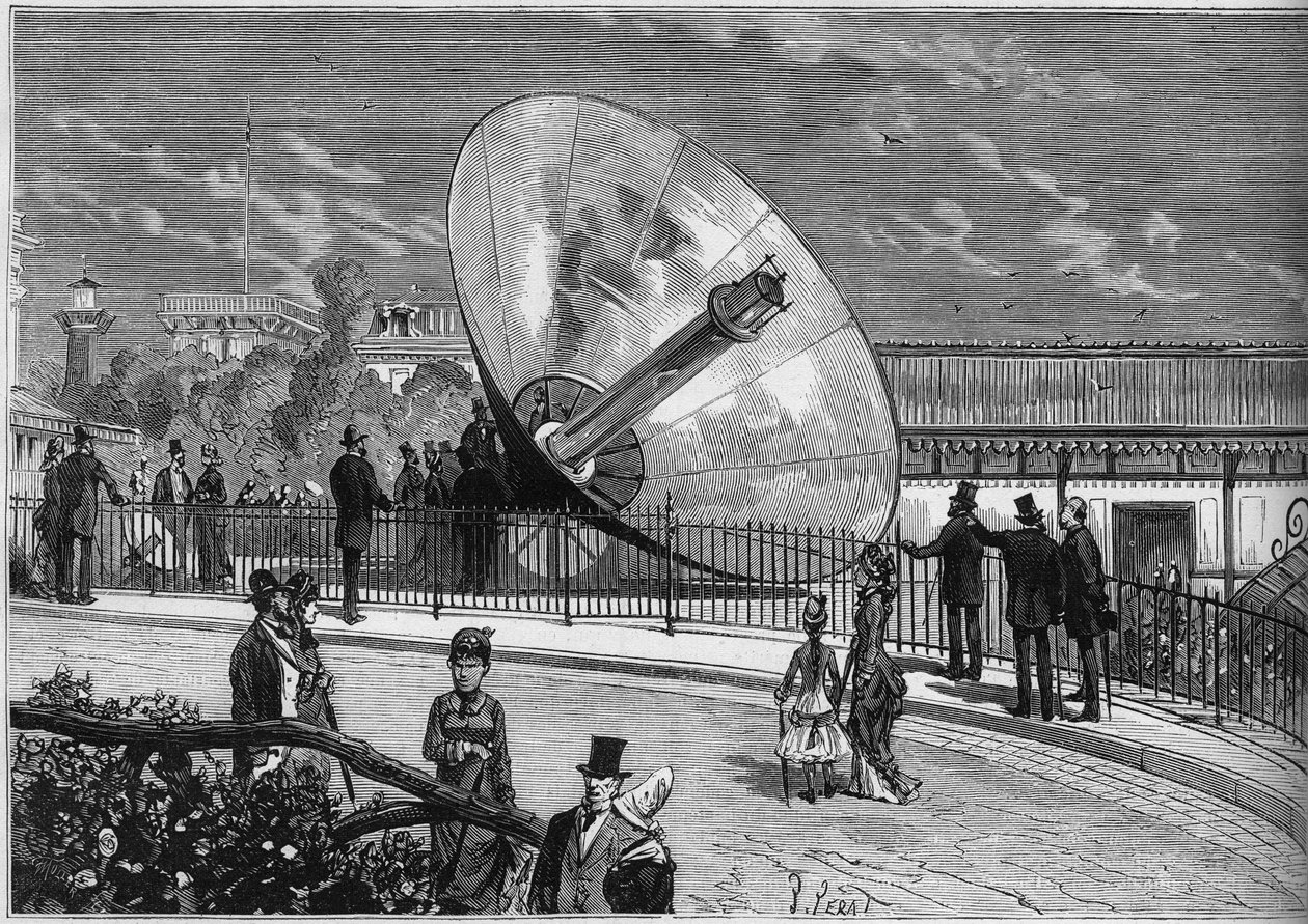 World Exhibition 1878 in Paris: solar furnace invented by Augustin Mouchot (1823-1912). Engraving in “” Le Monde Illustré”” n°1125 of 19 October 1878. 作者 法语学校