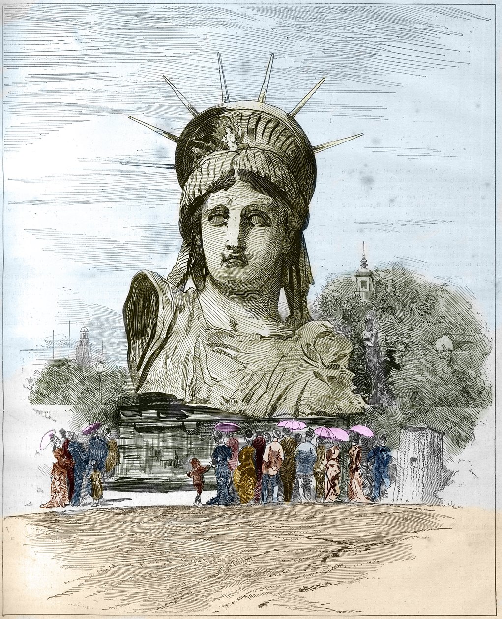 World Exhibition 1878 in Paris: the head of the Statue of Liberty by Frederic Auguste Bartholdi (1834-1904). Engraving by Edgard Morin in “” The Illustrous World”” n°1111 of 13 July 1878. 作者 法语学校
