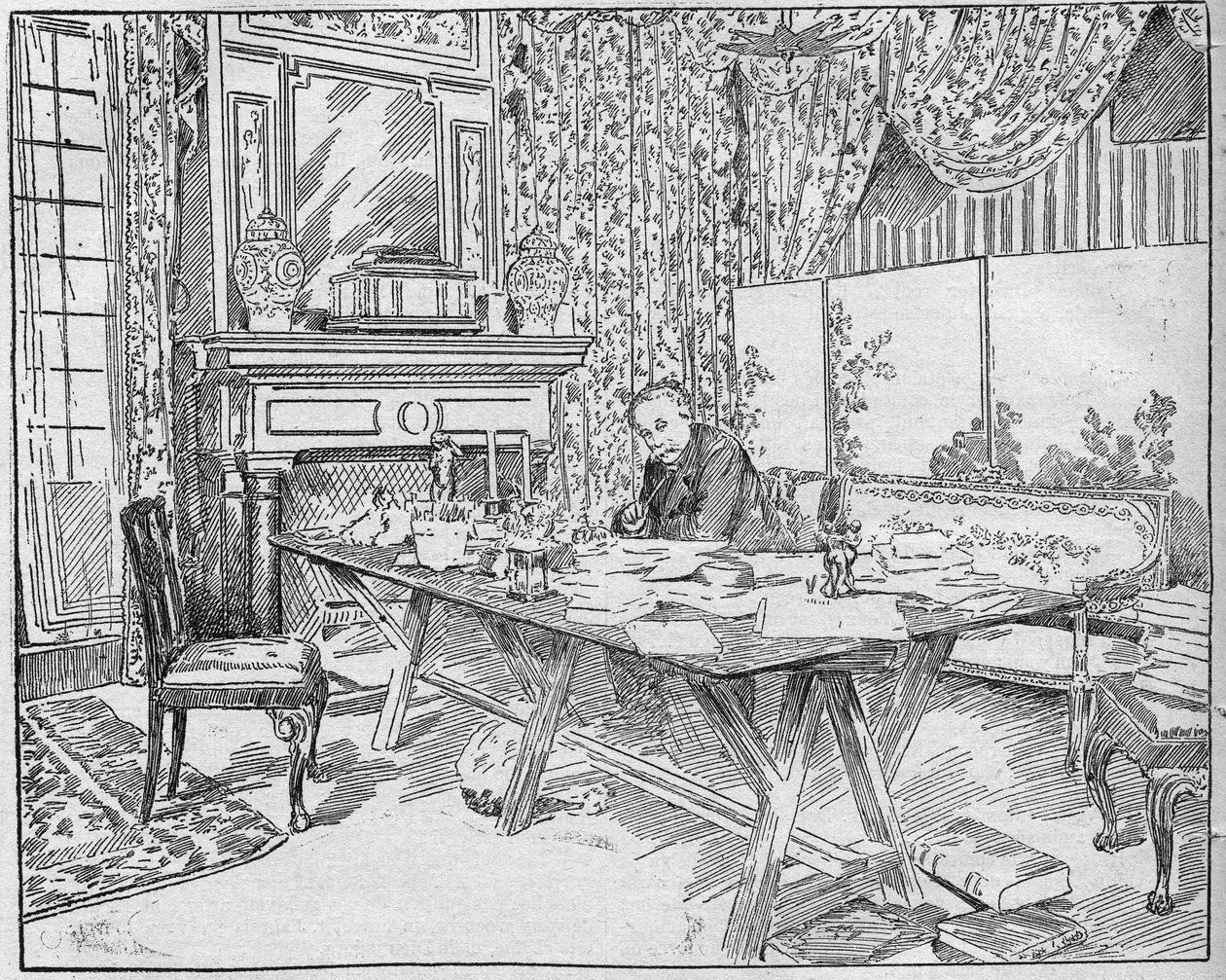 作家小亚历山德拉-大仲马（1824-1895）在他的工作柜中。1895年12月12日 "La gazette du dimanche "上的雕版画。 作者 法语学校