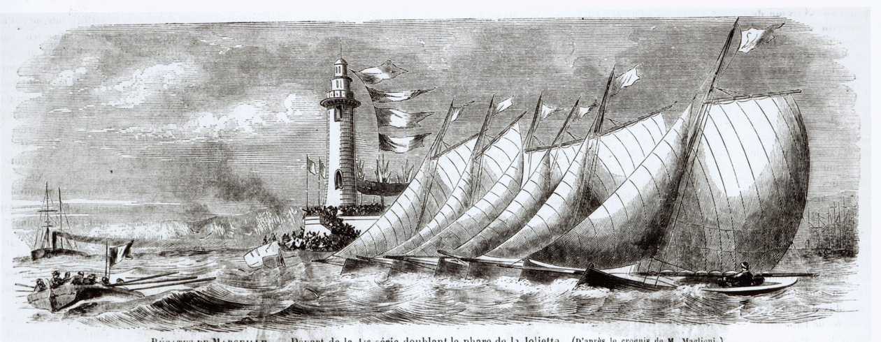 1864年9月17日，在Le Monde Illustre举行的1864年马赛帆船赛期间，游艇绕过Joliette灯塔 作者 法语学校