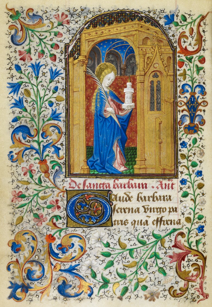 Yates Thompson 3，fol.289v 金色拱门下的圣芭芭拉缩影，手持棕榈和她的塔楼，有完整的叶饰边框，选自《杜诺瓦时间》，约 1440 年至 1450 年（牛皮纸）。 作者 法语学校