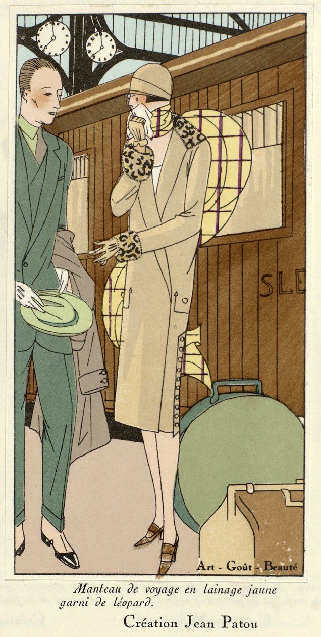豹纹镶边黄色羊毛旅行大衣，来自 Art-Gout-Beaute，1920 年代出版（pochoir 印花）。 作者 法语学校