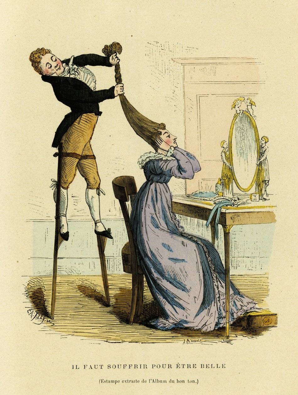You have to suffer to be beautiful satirical drawing on which a hairdresser climbs on a scald to prepare a woman
