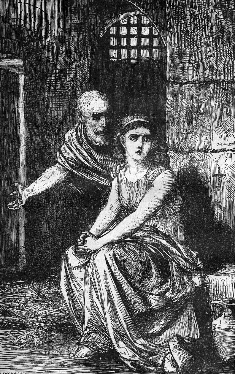 Young Christian virgin Theodora of Alexandria locked up in a house of debauchery for refusing to give up her faith. Engraving in “The history of prostitution and debauche among all the peoples of the world from antiquity to the present day” by Dr. Th. -F.  作者 法语学校