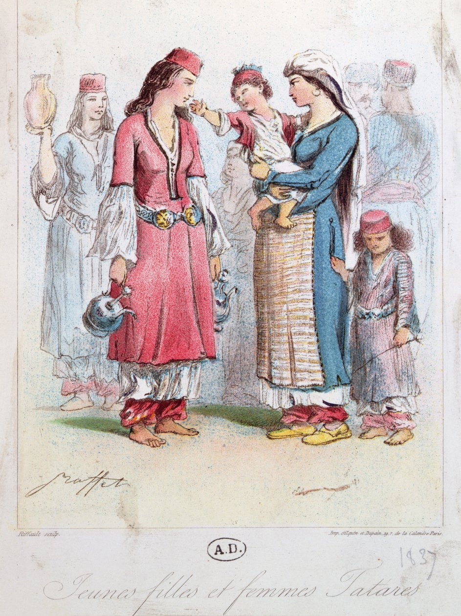 年轻的鞑靼女孩和女人，1837年（彩色雕刻） 作者 法语学校