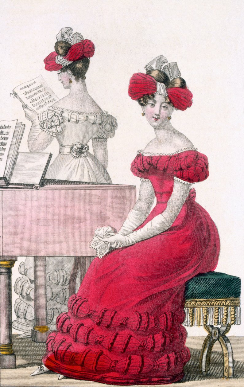 绉纱晚礼服的少妇与精心制作的头饰，广告在Modes de巴黎，c.1825 作者 法语学校