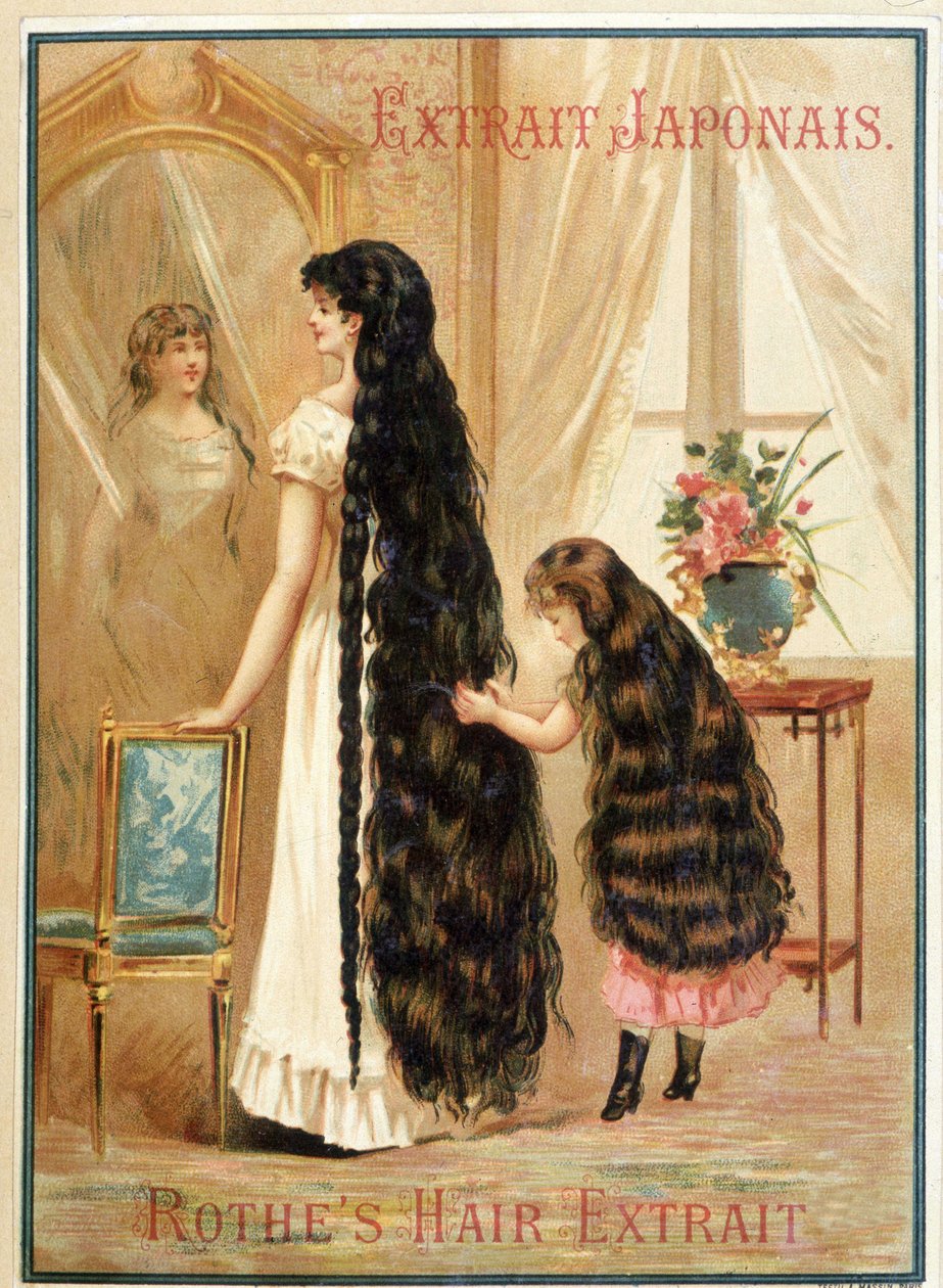 长发飘飘的年轻女子和她的小女孩--日本美发精华产品 Rothe