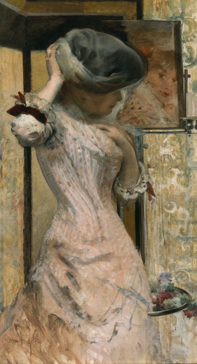 镜前的年轻女子，约 1879-83 年（布面油画） 作者 法语学校