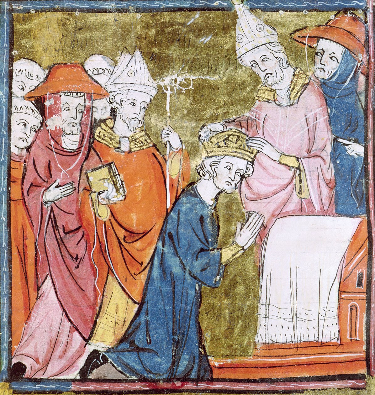 f.106r查理曼皇帝的加冕礼（742-814），教皇利奥三世（c.750-816），罗马圣彼得斯，800，Grandes Chroniques de France，1375-79 作者 法语学校
