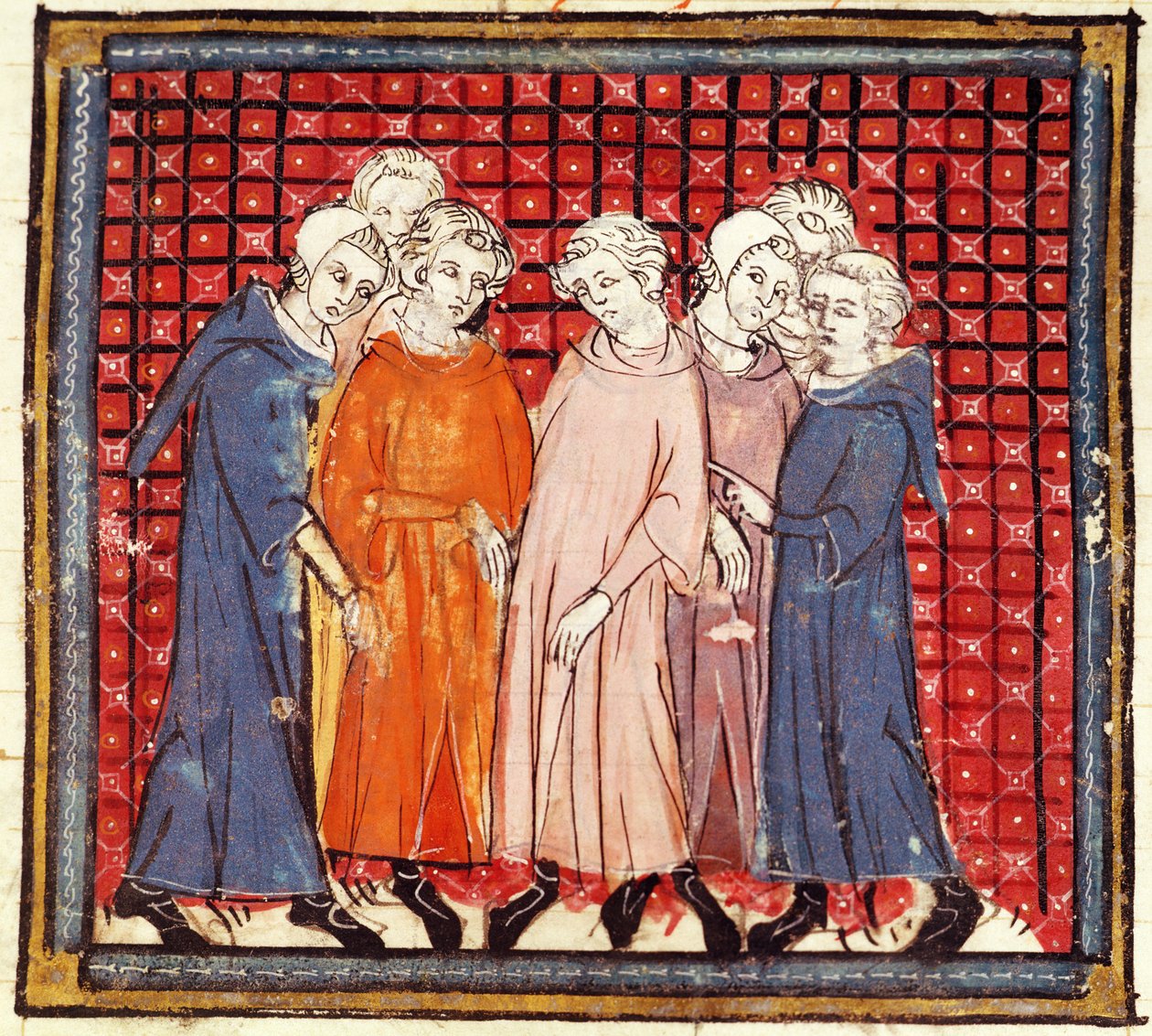 f.155r贵族密谋反对虔诚的国王路易斯，来自Grandes Chroniques de France，1375-79 作者 法语学校