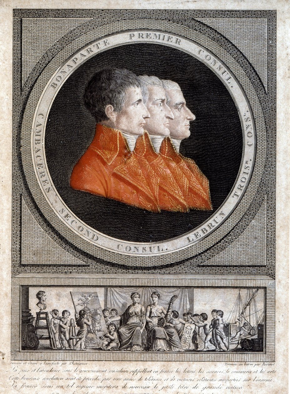 拿破仑-波拿巴（1769-1821）、让-雅克-雷吉斯（Jean-Jacques-Regis）-德-坎巴塞雷斯（1753-1824）和查尔斯-弗朗索瓦-勒布伦（1739-1824）三位执政官的画像" 作者 法语学校
