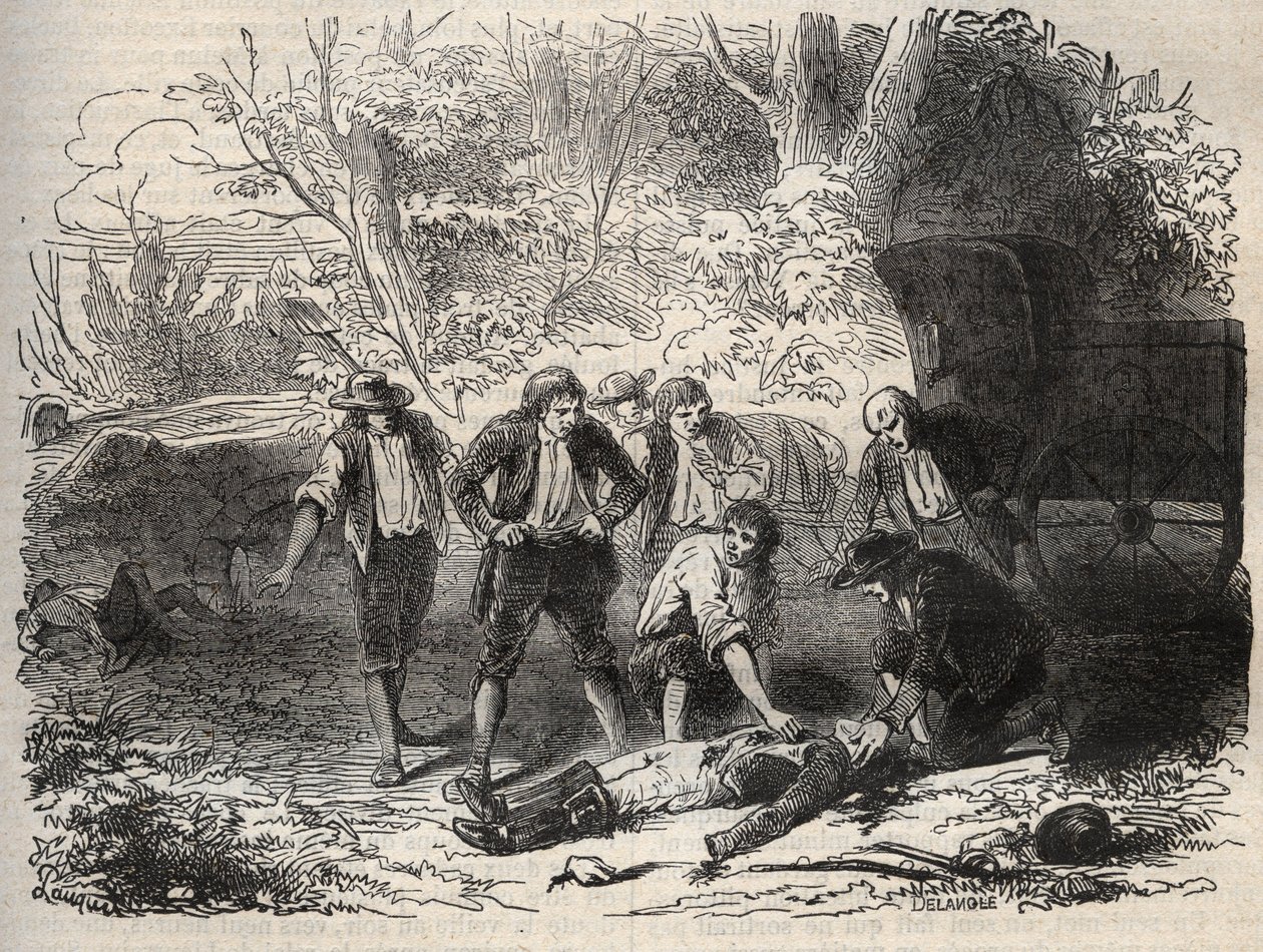 里昂邮递事件 - Affaire du courrier de Lyon - la malle-poste est attacked en Seine et Marne by 5 individuals on 28 April 1796 - Engraving in "Cause celebres de tous les peuples" by Armand Fouquier (1817-18?) 1858-1867 - private collection 作者 法语学校