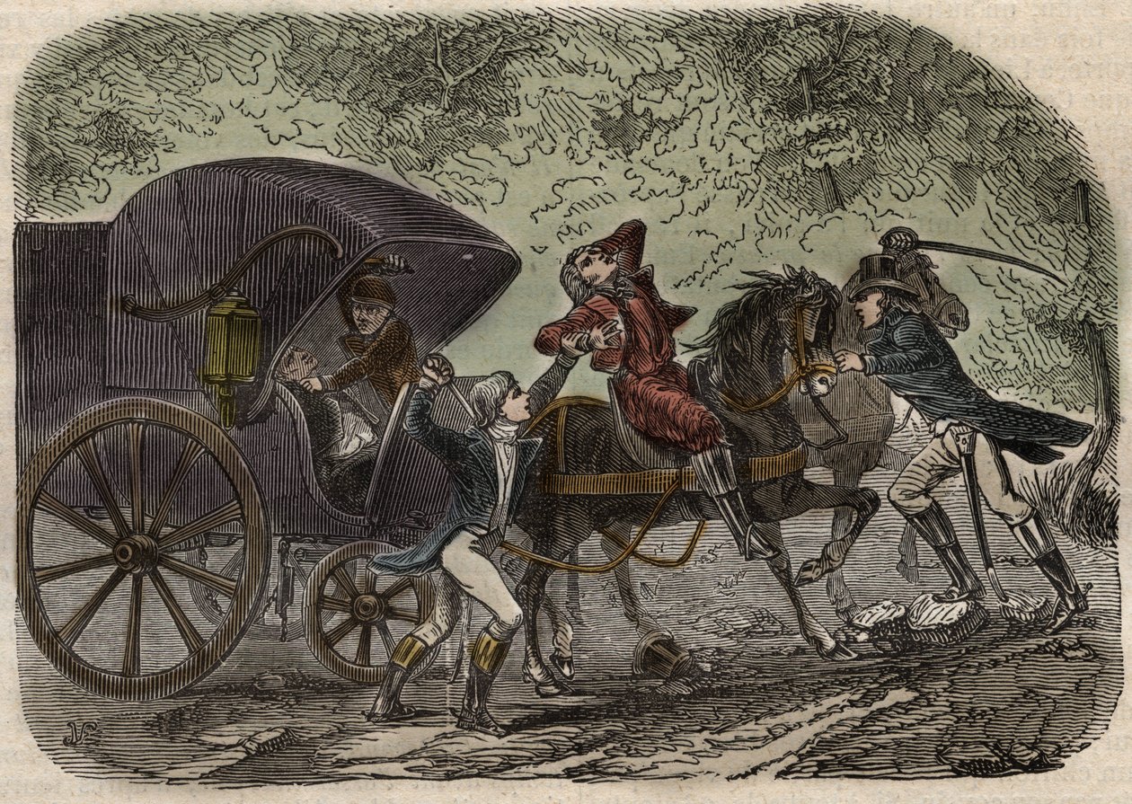里昂邮递事件 - Affaire du courrier de Lyon - la malle-poste est attacked en Seine et Marne by 5 individuals on 28 April 1796 - Engraving in "Cause celebres de tous les peuples" by Armand Fouquier (1817-18?) 1858-1867 - private collection 作者 法语学校