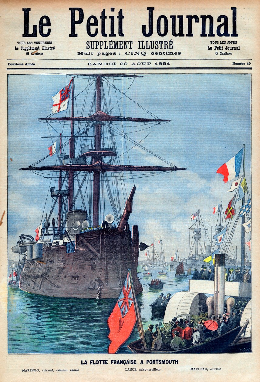 朴茨茅斯的法国舰队：旗舰 "Marengo "号，鱼雷 "Lance "号和战舰 "Marceau "号，1891年8月29日《小报》的头版（雕刻）。 作者 法语学校
