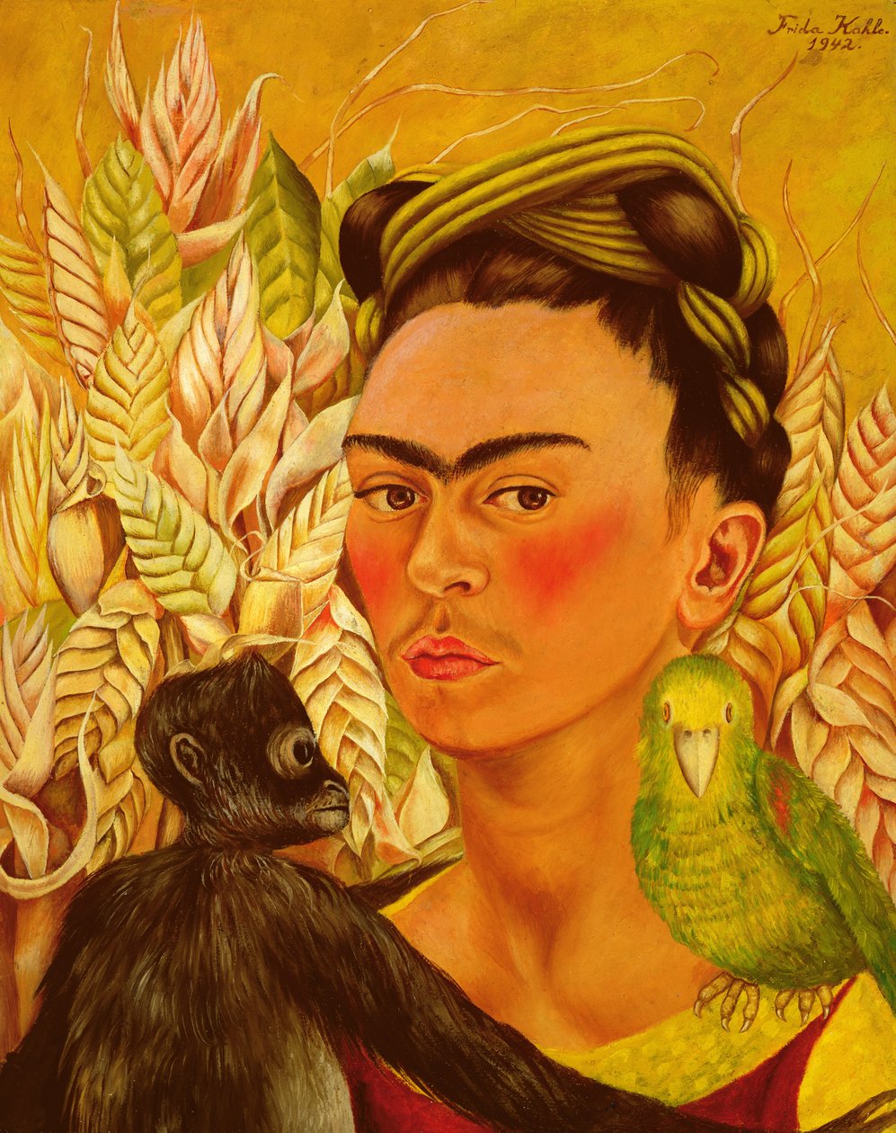 与猴子和鹦鹉的自画像 作者 弗里达·卡罗