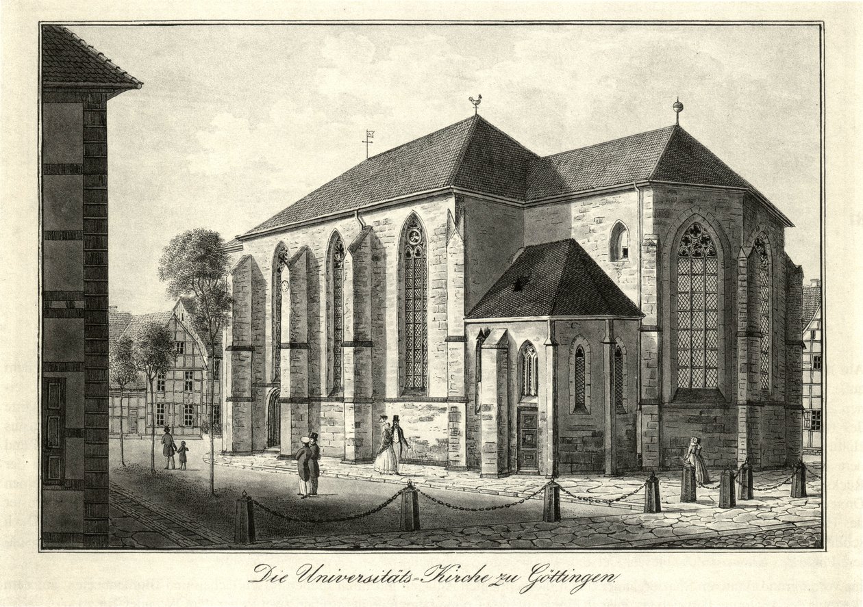 从东南方向观看Niolaikirche和位于哥廷根的Nikolaikirchhof，自1822年起作为大学教堂使用。 作者 弗里德里希·贝塞曼（Friedrich Besemann）