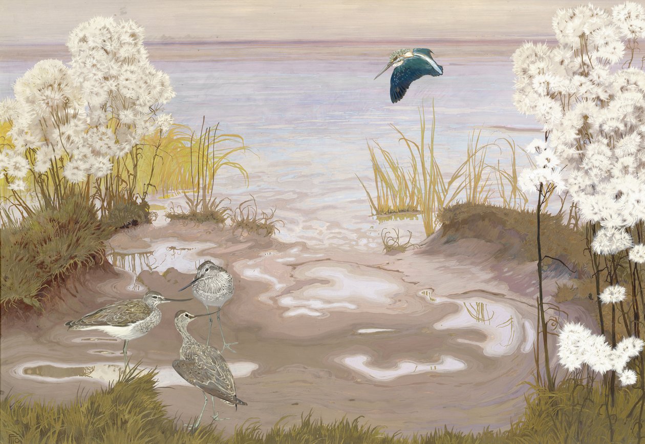 易北河泥滩上的鸟，1910年（卡片上的蛋彩画） 作者 弗里德里希·利斯曼