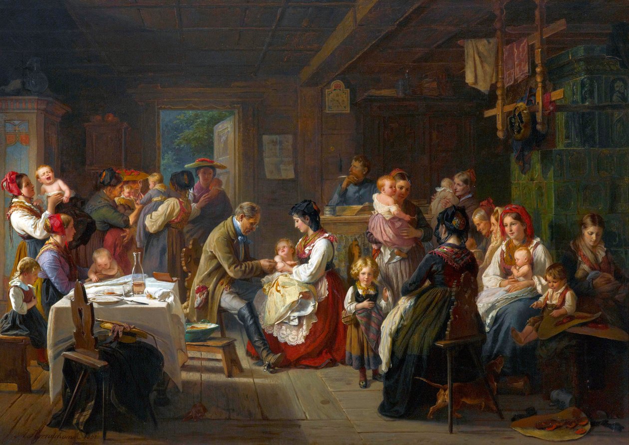 Vaccination contre la variole a la campagne - 乡村天花疫苗接种 - 弗里德里希-阿道夫-霍内曼（1813-1890 年）。布面油画 作者 弗里德里希·阿道夫·霍曼