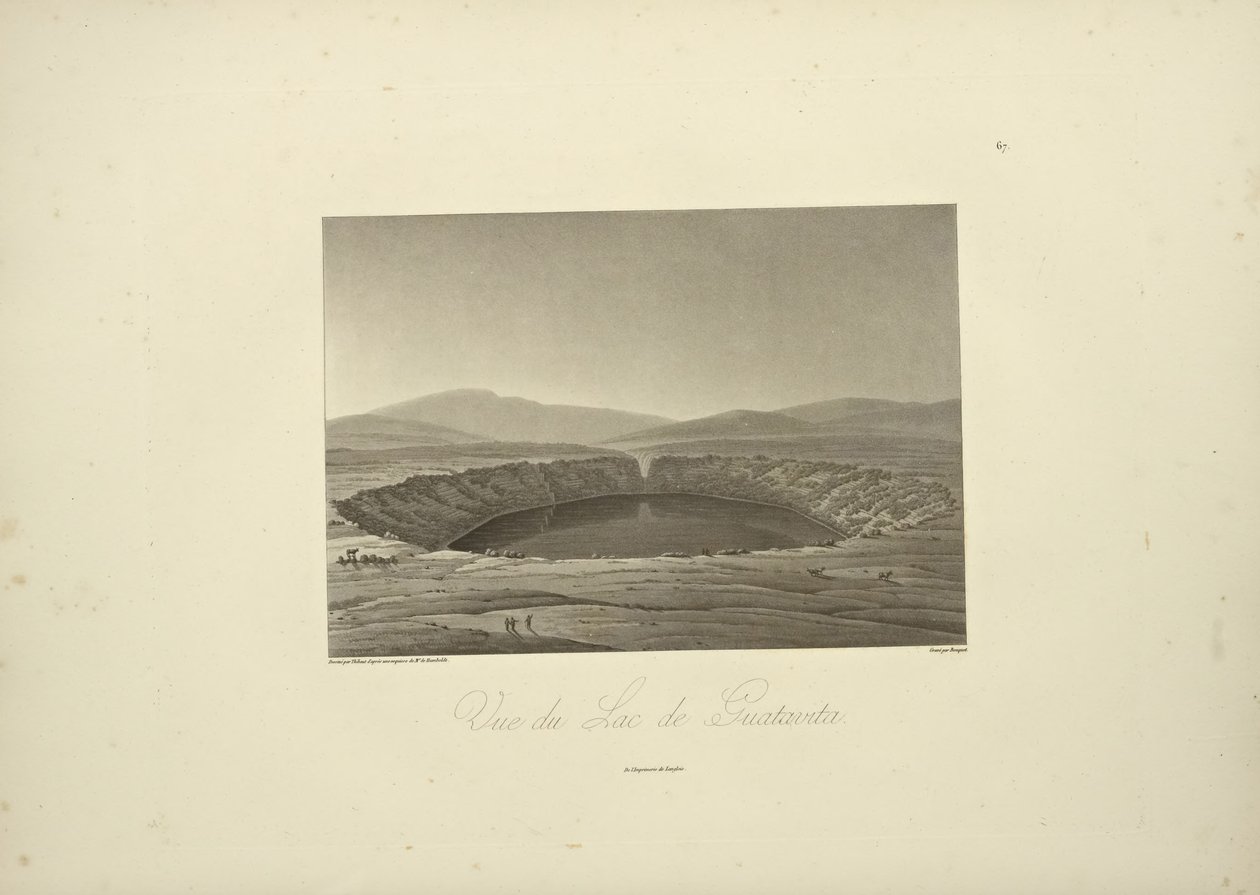 瓜塔维塔湖的景色，由Thibaut绘制，Bouquet雕刻，插图来自Alexander von Humboldt和Aime Bonpland的《Vues des Cordillères et Monumens des Peuples Indigènes de l