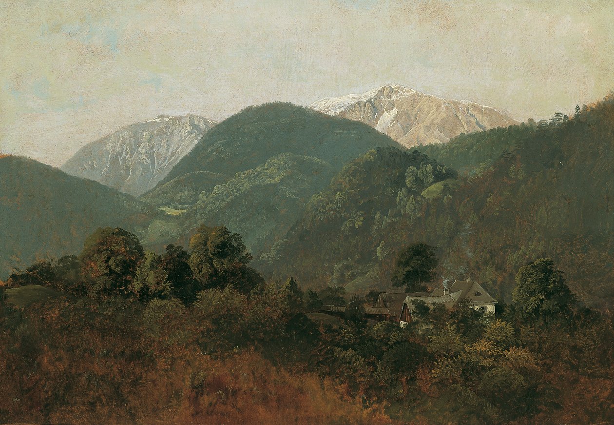 从申施坦（Scheuchenstein）到高曼霍夫（Gauermannhof）的景观，背景是施尼贝格（Schneeberg）。 作者 弗里德里希·奥古斯特·马蒂亚斯·高尔曼