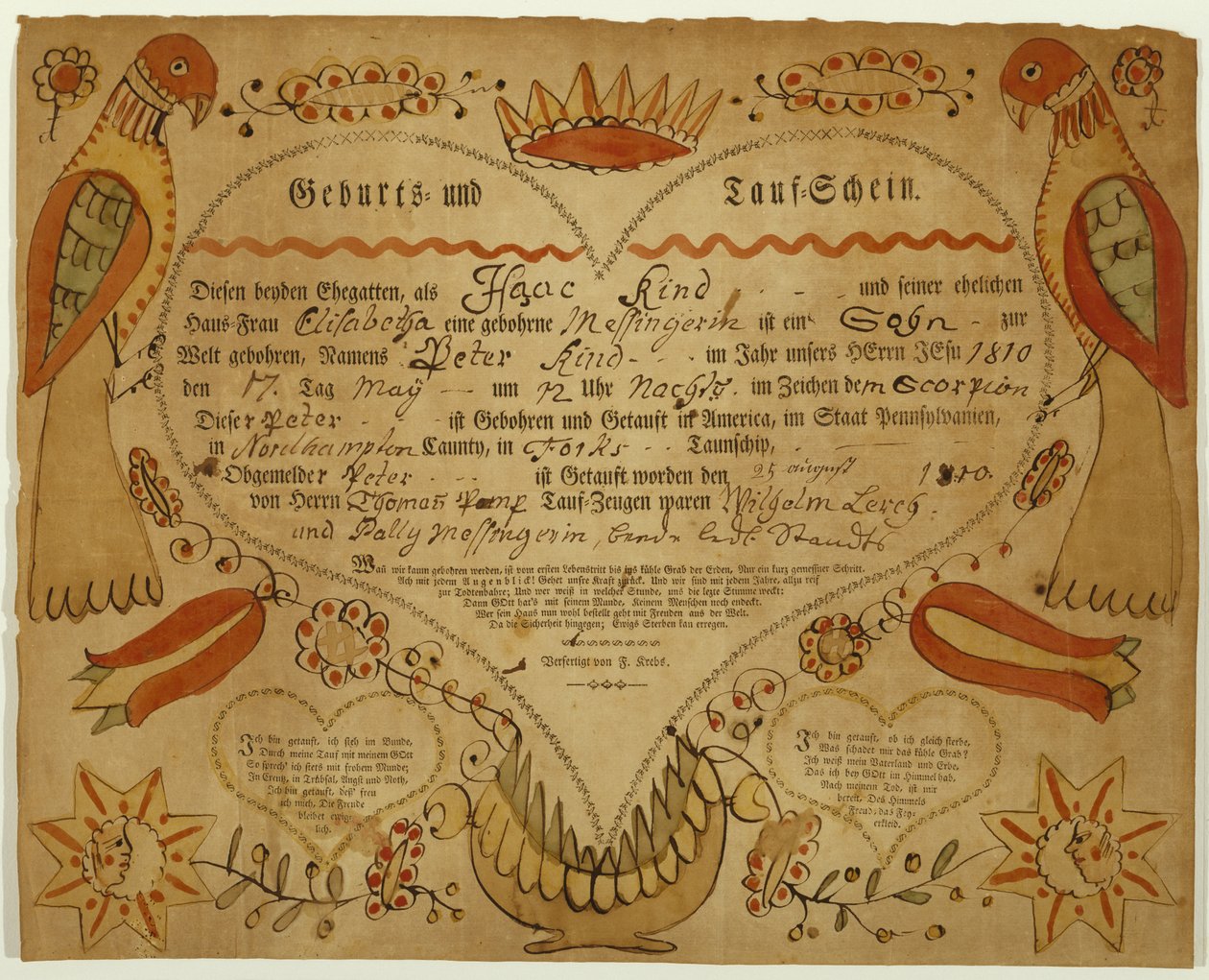 出生和洗礼证书，c。 1790-1800（牛皮纸，水彩和在纸上雕刻） 作者 弗里德里希·克雷布斯