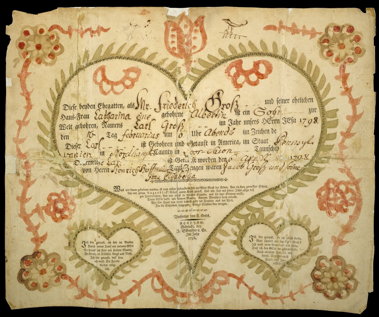 出生和洗礼证书，c。 1800（牛胆墨水、水彩和在纸上雕刻） 作者 弗里德里希·克雷布斯