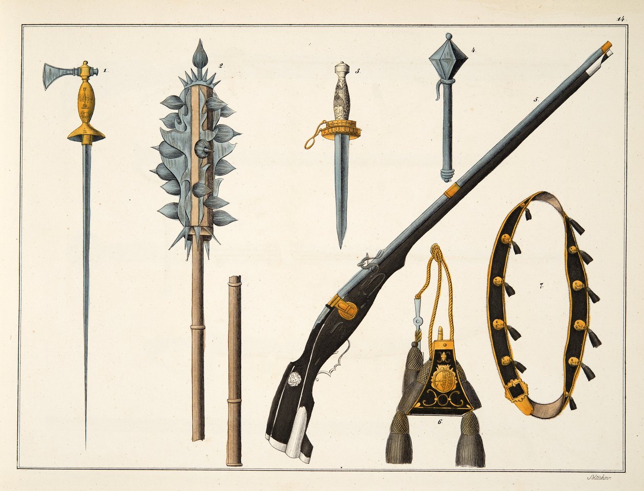 武器，包括一支火枪，c.1400，来自&39;发展历史与侠义风俗&39;，由Franz Kottenkamp博士发表，由Carl Hoffmann出版，1842年 作者 弗里德里希·马丁·冯·赖比施