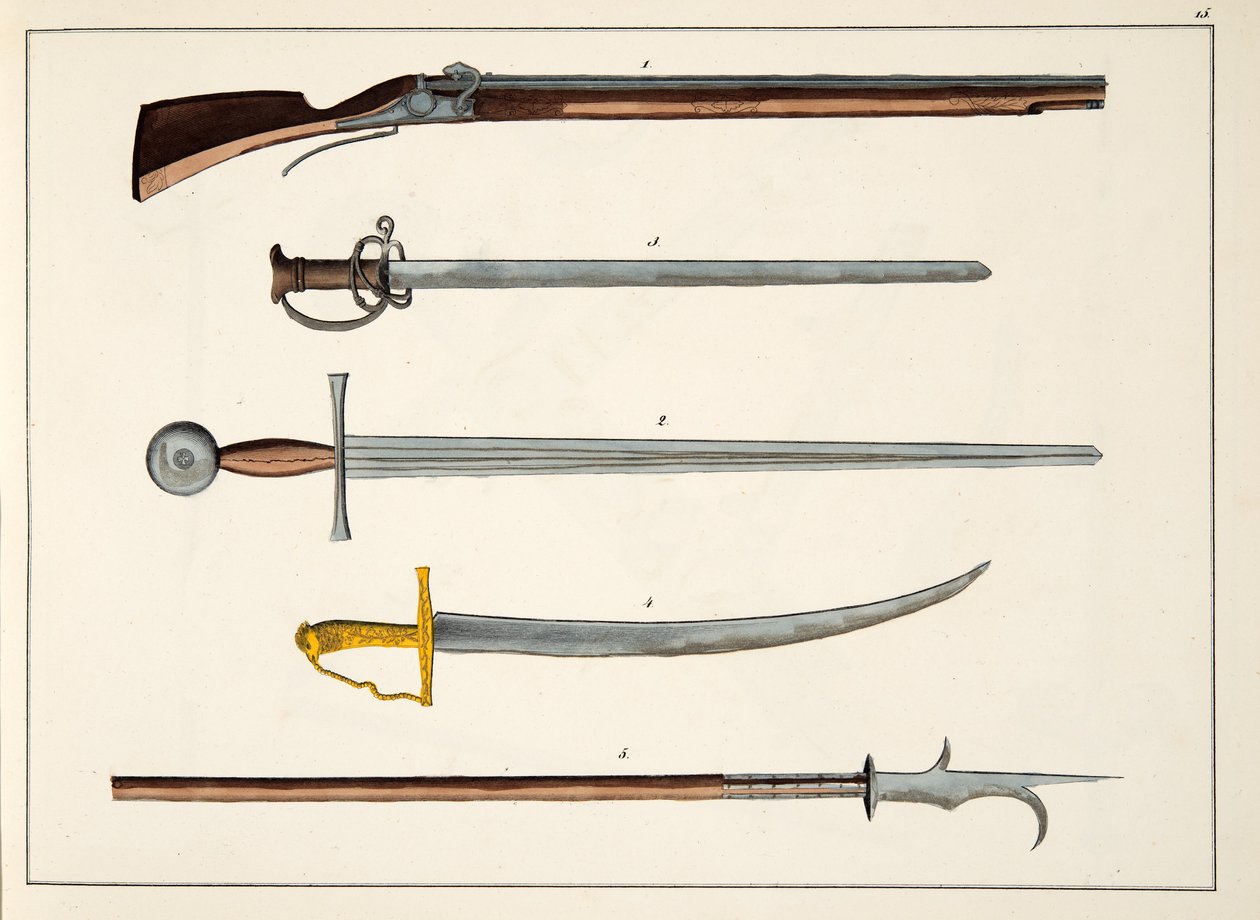 武器，包括剑和长矛，c.1400，由发展历史和侠义风俗的板块，由Franz Kottenkamp博士发表，由Carl Hoffmann出版，1842年 作者 弗里德里希·马丁·冯·赖比施