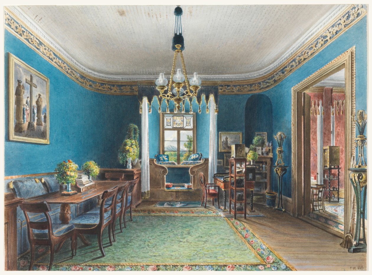 素描，蓝色房间，费施巴赫城堡，1846 年 作者 弗里德里希·威廉·克洛泽