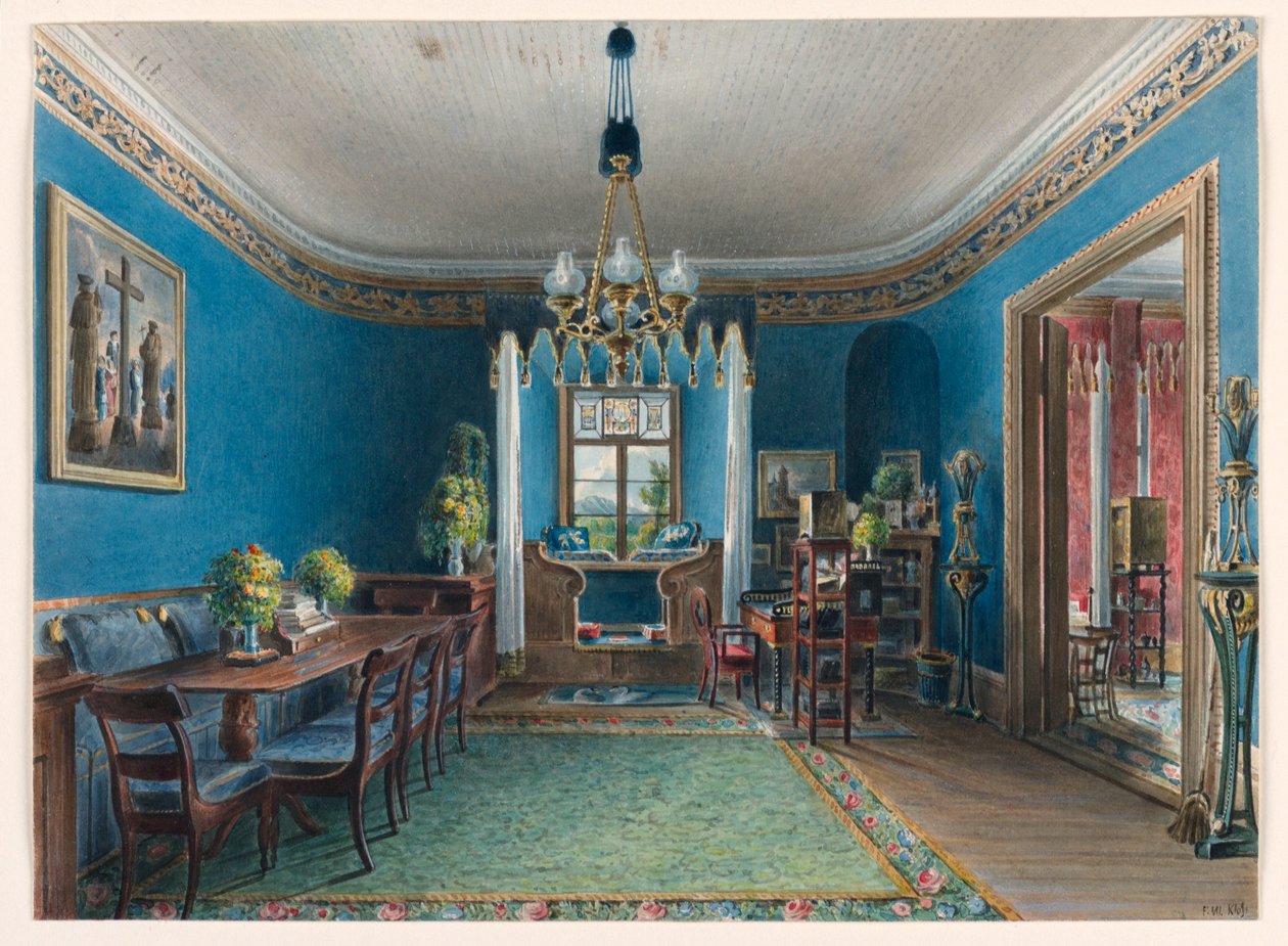 素描，蓝色房间，费施巴赫城堡，1846 年 作者 弗里德里希·威廉·克洛泽