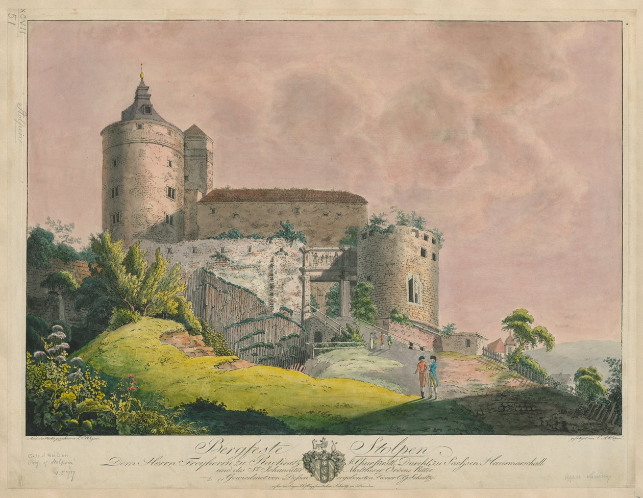 Bergfeste Stolpen，约 1800 年（彩色雕刻） 作者 弗里德里希（Friedrich）或约翰·弗里德里希（Johann Friedrich Wizani）