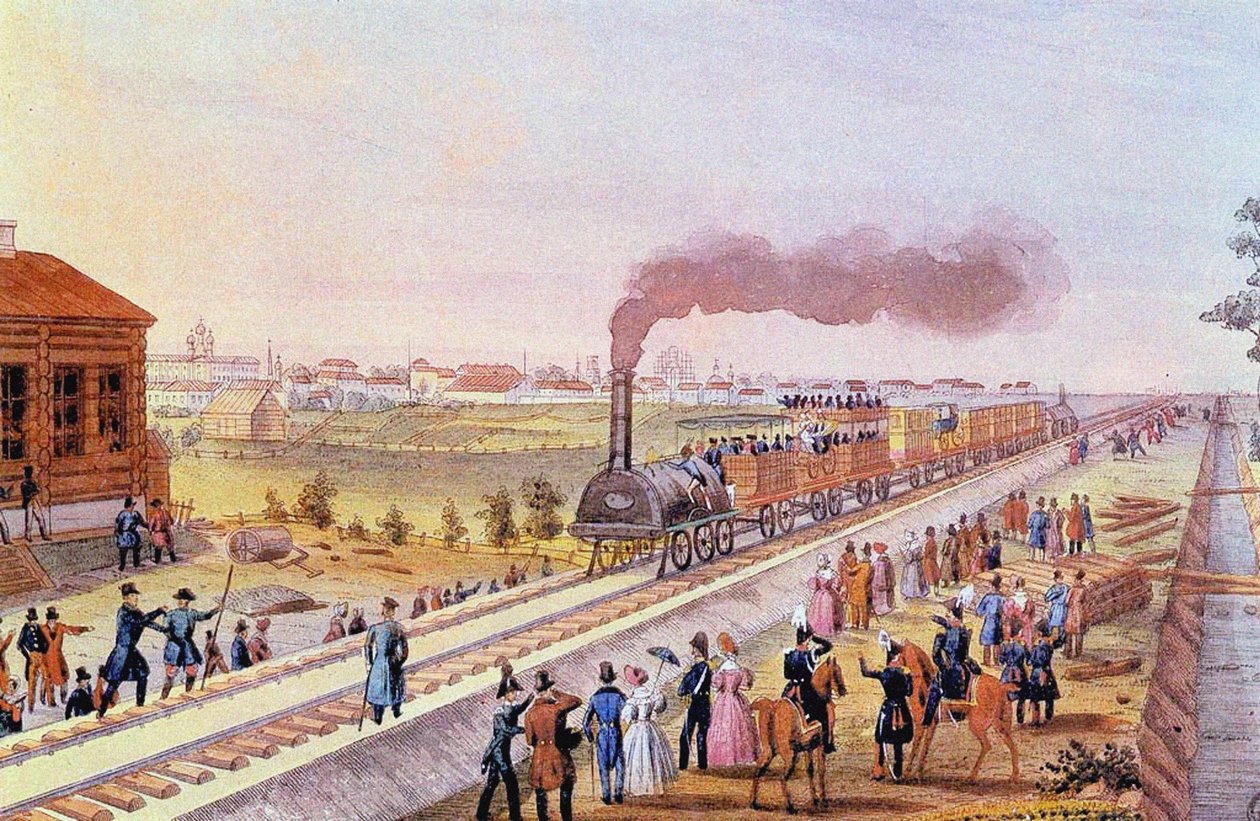1837年10月30日从圣彼得堡到沙尔斯科耶塞洛的第一列火车抵达，1837年 作者 弗里德里希·冯·马滕斯