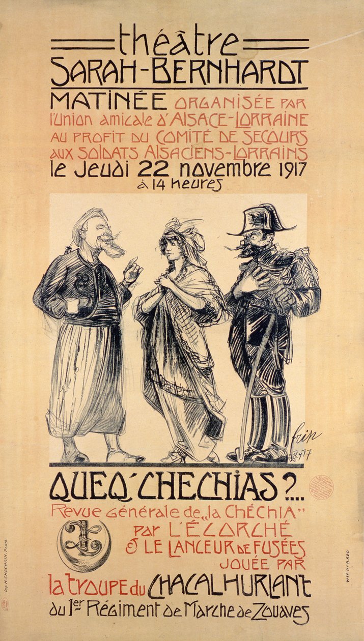 海报在巴黎Sarah Bernhardt剧院播放了一场BenefitMatiné表演，以帮助来自Alsace-Lorraine的士兵，1917年 作者 抓地力