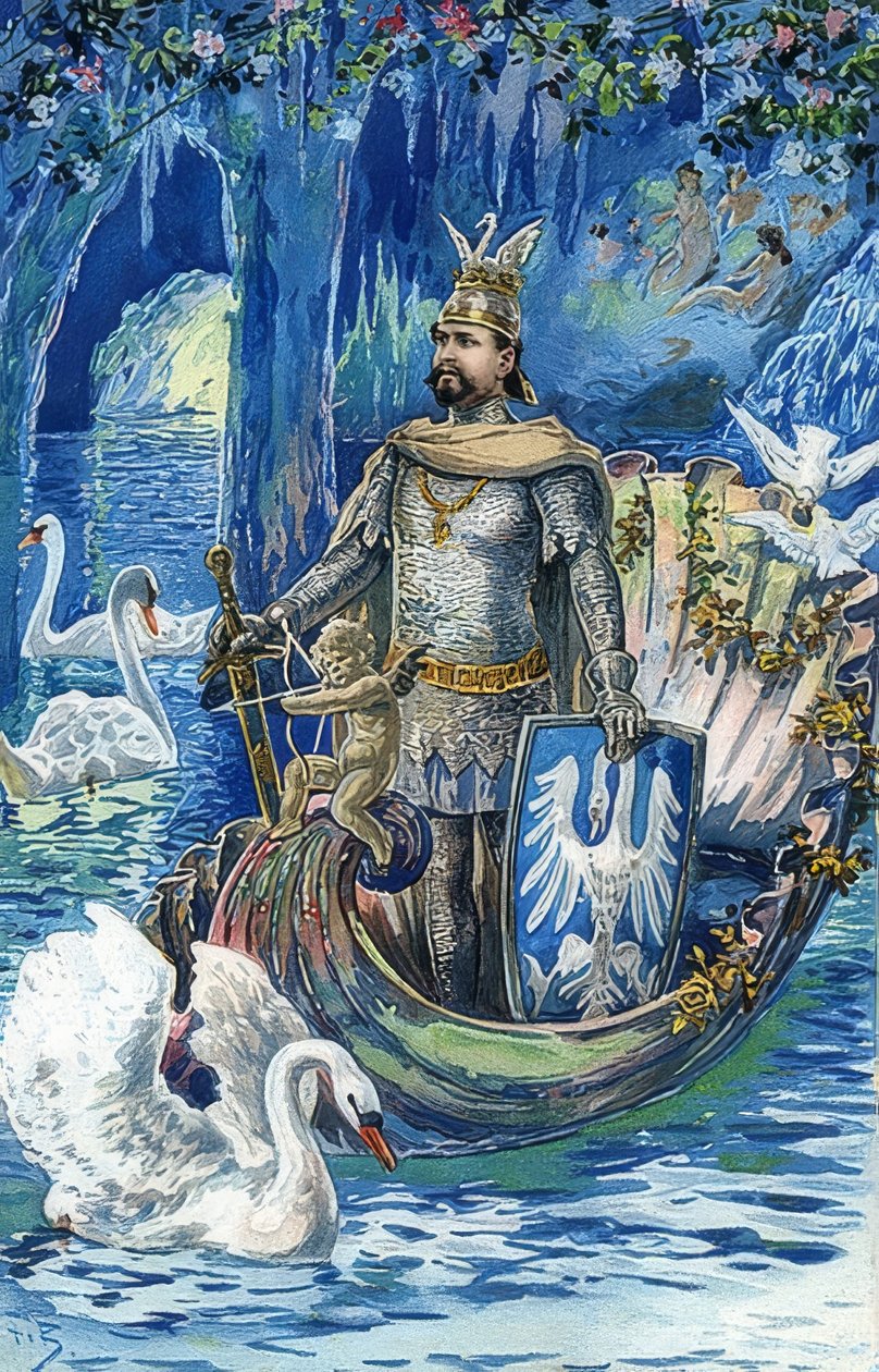 路德维希二世国王（Ludwig II）饰演Lohengrin，位于林德霍夫宫（Linderhof Palace）的蓝色洞穴中。 1900年左右 作者 弗里茨·卑尔根