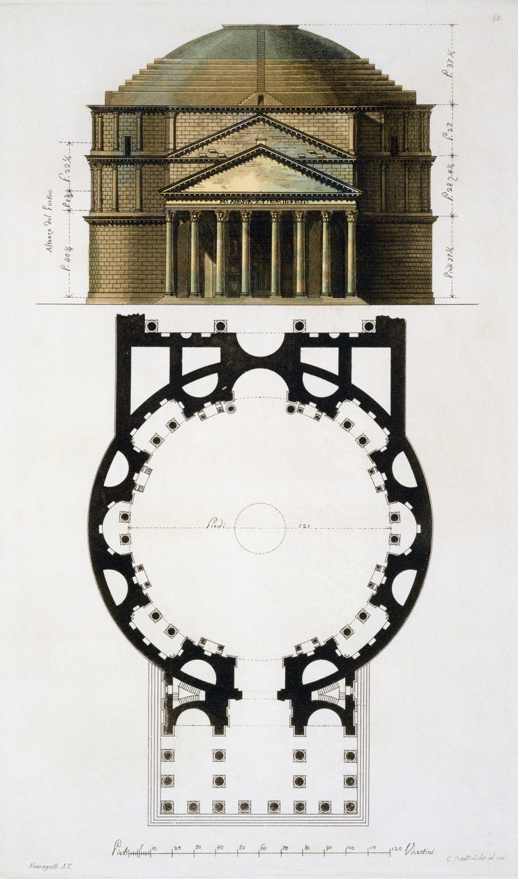 罗马万神殿的平面图和立面，来自Jules Ferrario的Le Costume Ancien et Moderne，由G. Castellini雕刻，出版于1820年代至30年代的彩色版画 作者 富马加利