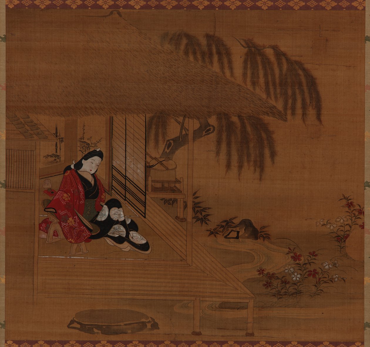 花园，室内和坐着的女孩，江户时期，1615-1868。 作者 古山诸重