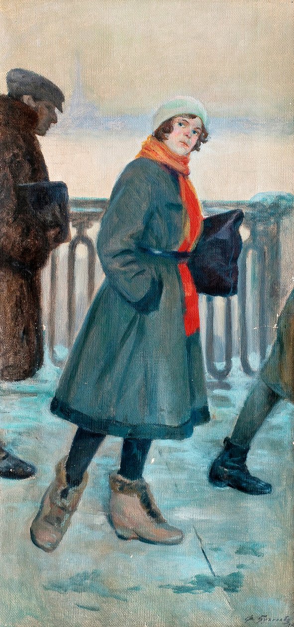 ""Sur le chemin du travail"" Une femme partant travailler (The Way to Work) Peinture de Fyodor Buchholz (1857-1942) Oil on canvas 1926 Dim 71x34 cm Private Collection   1408622   zh       chinese Successfully Translated  Original: Man in dressing gown over 作者 费奥多尔·布赫霍尔兹
