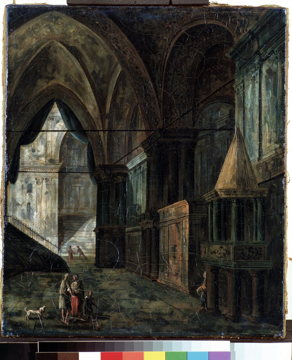 在一座大教堂里。 费奥多尔·雅科列维奇·阿列克谢耶夫（Fyodor Yakolevich Alexeev，1753-1824 年）的绘画。 布面油画，35.5 x 30.5 厘米 作者 费奥多尔·雅科夫列维奇·阿列克谢耶夫