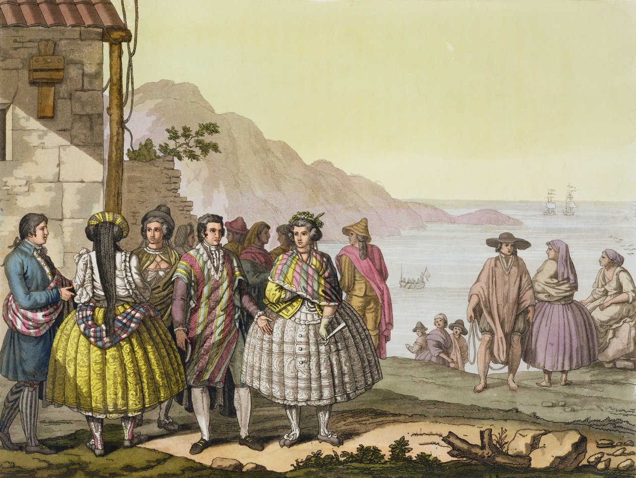精致服装的男女，来自&39;Le Costume Ancien et Moderne&39;，第二卷，第27页，由Jules Ferrario，由Paolo Fumagalli雕刻，出版于1820年代至30年代 作者 布拉马蒂