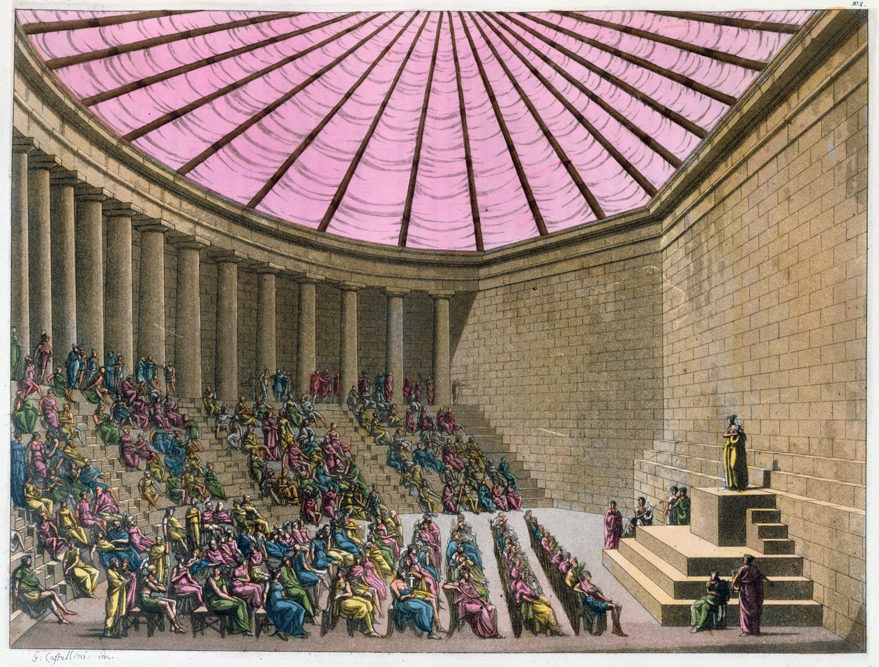 伯里克利时代的Odeon，1815  -  1834年米兰Giulio Ferrario的“古代和现代Costumino”插图（手工彩色雕刻） 作者 卡斯特利尼