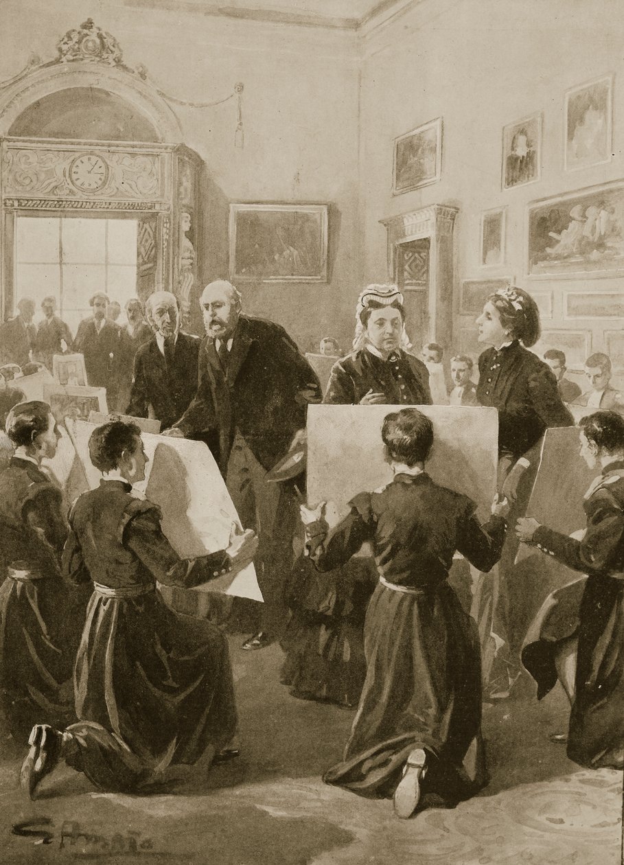 1873年4月3日，Bluecoat Boys在白金汉宫向维多利亚女王展示他们的画作，来自“The Illustrated London News”，1901年 作者 GS阿马托