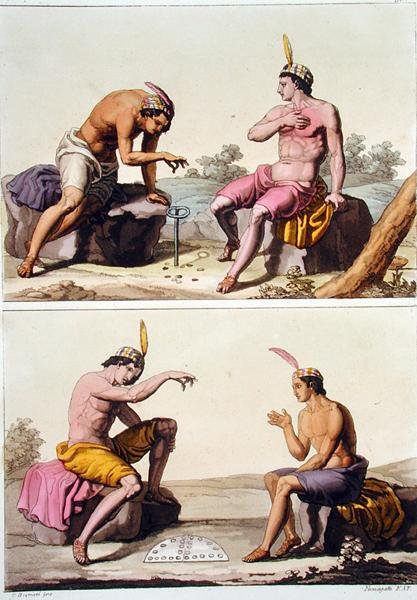 玩Queciu（上）和Porotos（下）的印第安人，智利，来自 "Le Costume Ancien et Moderne"，第二卷，图版29，作者Jules Ferrario，由Paolo Fumagalli雕刻，约在19世纪20-30年代出版（彩色平印）。 作者 G.（后）布拉马蒂