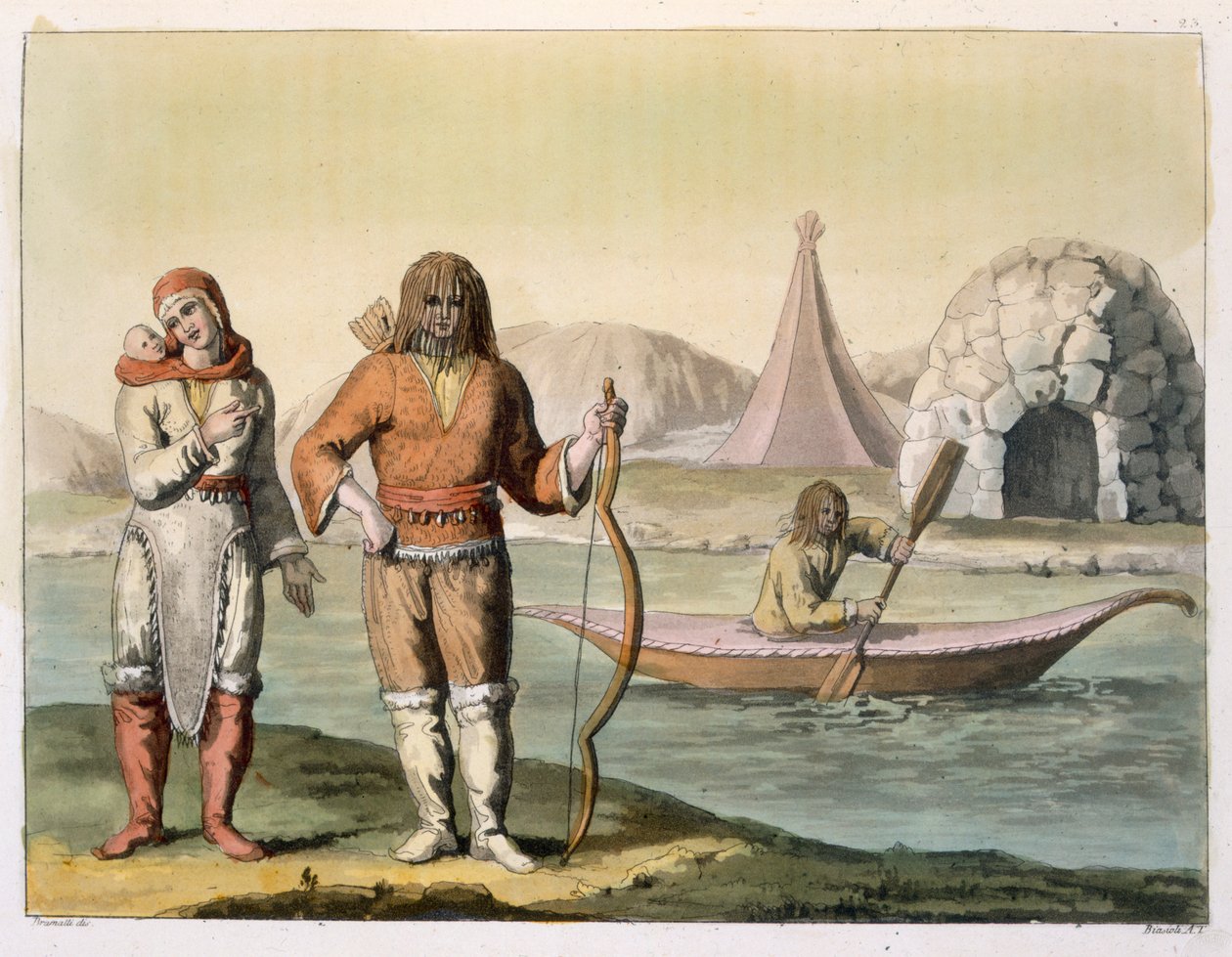 哈德逊湾的爱斯基摩人，来自&39;Le Costume Ancien et Moderne&39;，第一卷，第23页，由Jules Ferrario创作，由Angelo Biasioli（1790-1830）雕刻，出版于1820年代至30年代（彩色版画） 作者 布拉马蒂