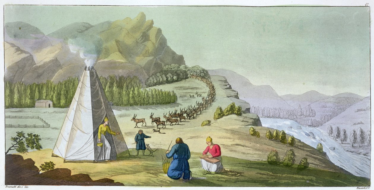 Herding Reindeer，Lapland，来自Jules Ferrario的&39;Le Costume Ancien et Moderne&39;的47号板，由Angelo Biasioli（1790-1830）镌刻，发表于1820年代至30年代 作者 布拉马蒂